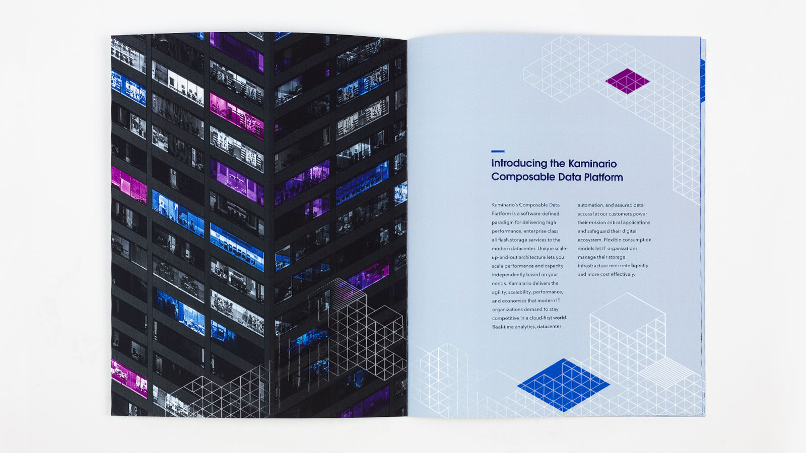 Kaminario Creative Campaigns – Corporate Brochure Interior Spread with Reflective Aqueous Printing Process