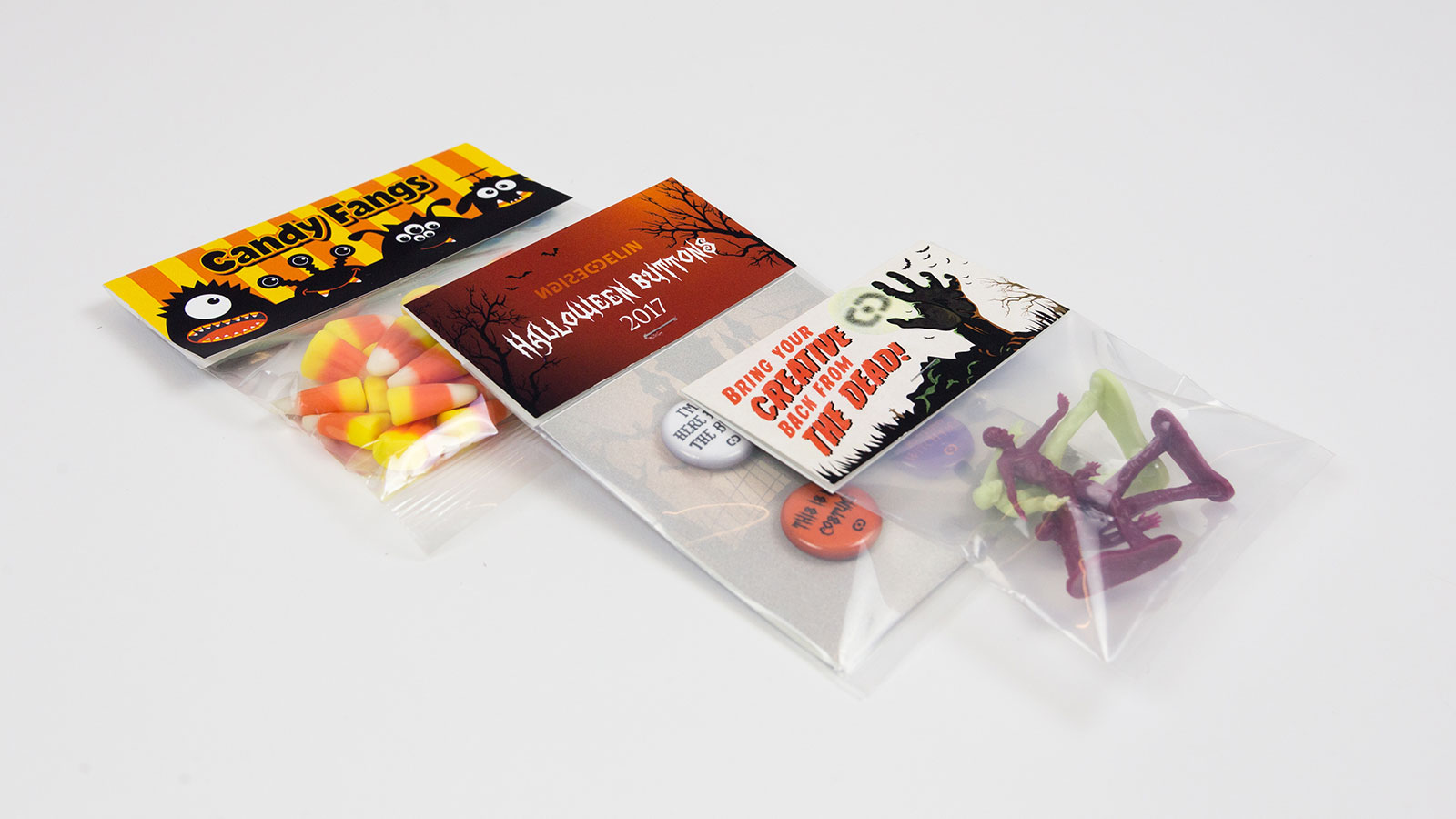 Delin Design Halloween 2017 Goodie Bag Promotion – Candy Corn, 1" Buttons, and Zombies Packaging Design