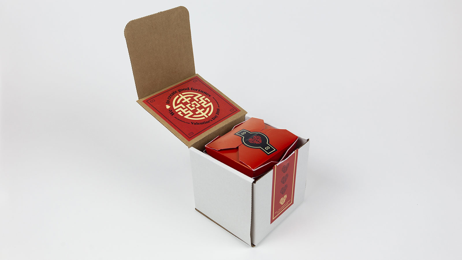 Fortune Cookie Valentine's Day Direct Mail Promotion – Outer Box with Open Lid, Showing Inner Box and Sticker Designs
