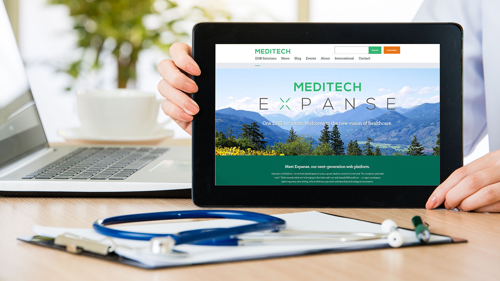 MediTech Expanse Brand Identity Consulting: Homepage on Tablet in Medical Setting