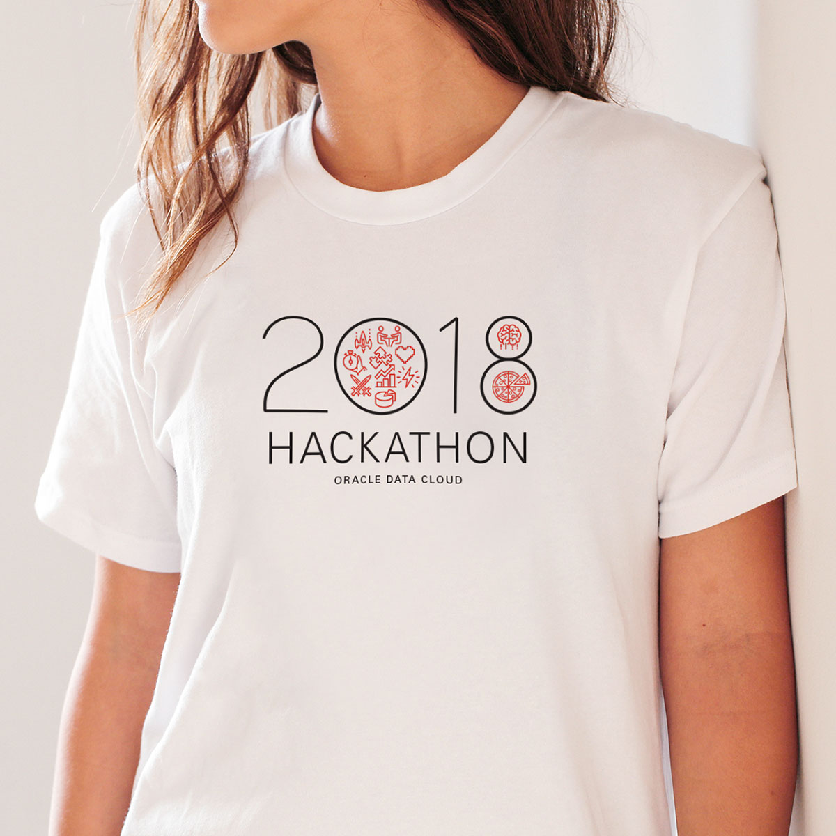 Oracle Data Cloud – Hackathon 2018: Woman Wearing Thin-Line Iconography T-Shirt Design