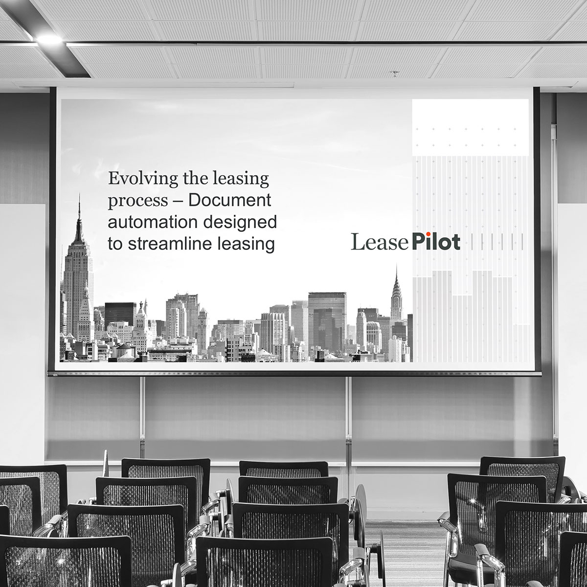 LeasePilot Brand Identity – Powerpoint Pitch Deck Cover Slide on Projector Screen in Conference Room