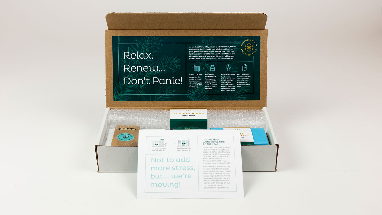 Delin Design Holiday 2018 Stress Kit Direct-Mail Promotion: Complete Packaging with Card