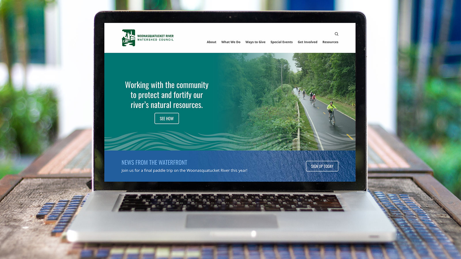 Woonasquatucket River Watershed Council Website Design – Homepage on a Laptop