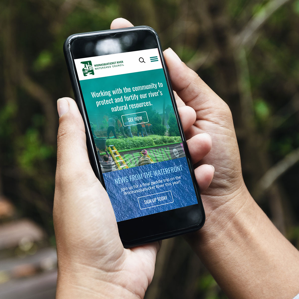 Woonasquatucket River Watershed Council Website Design – Homepage on a Smartphone