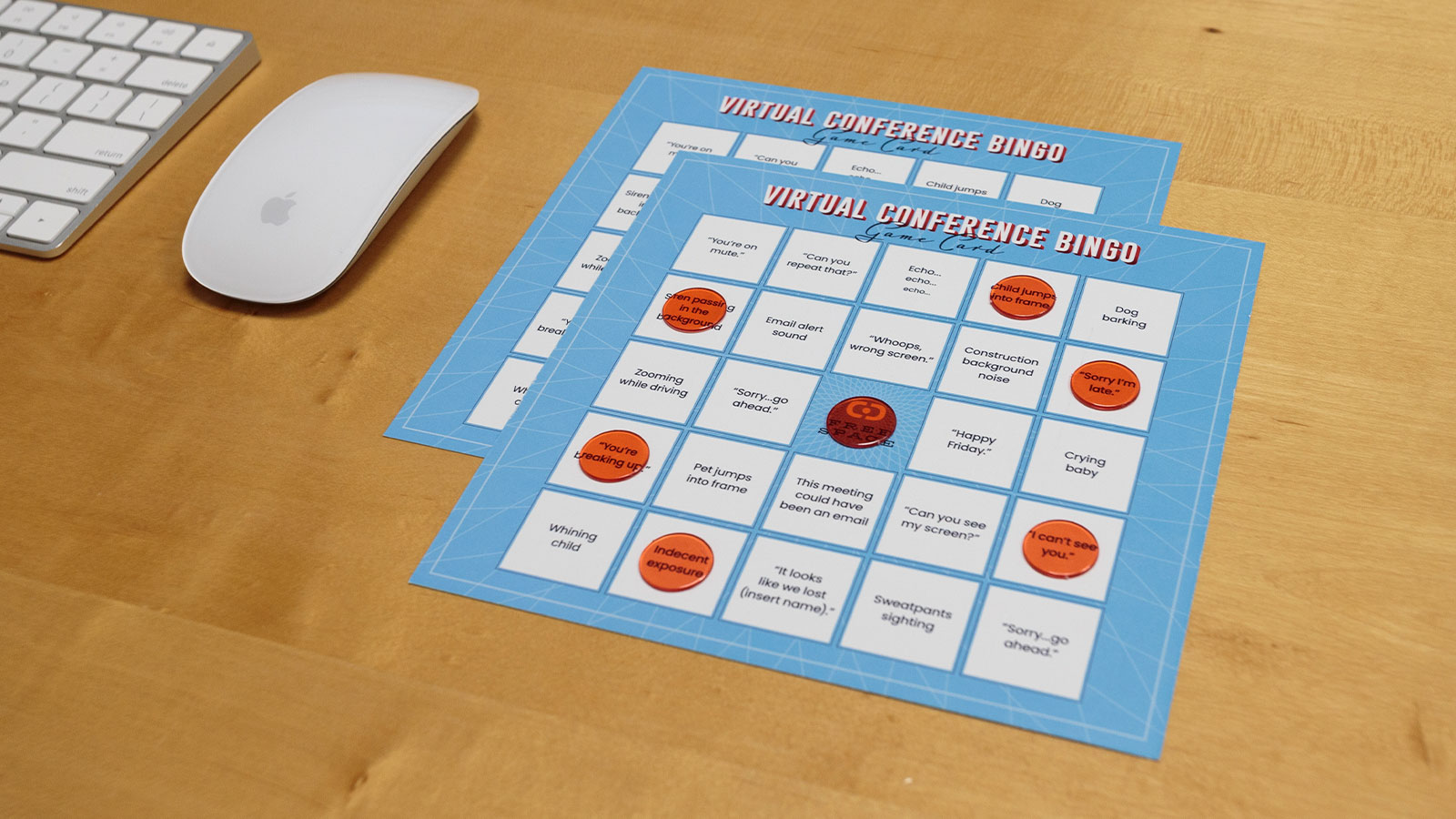 Delin Design Direct-Mail Promotions – Holiday 2020 Virutal Conference Bingo Card on Desk